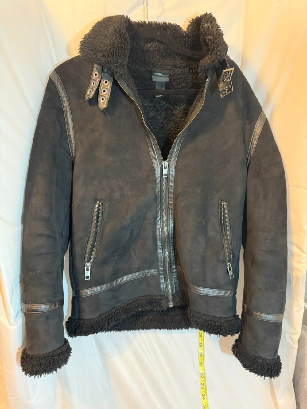H&M Black Faux Suede Sherpa Lined Aviator Biker Jacket Small